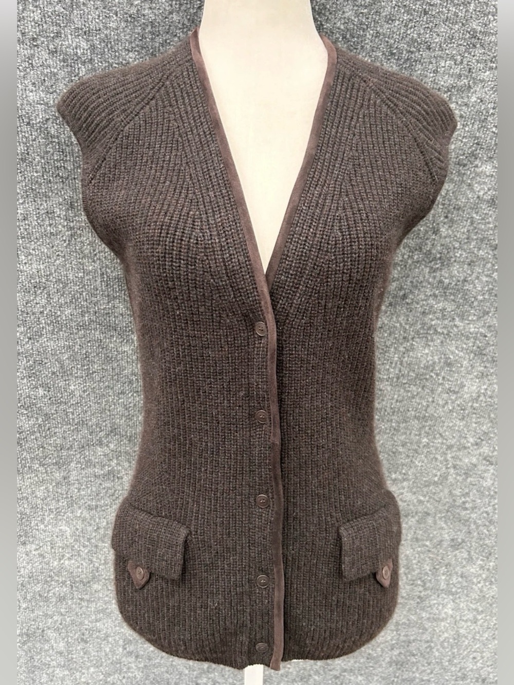Loro Piana Dark Brown 100% Cashmere & Suede Trim Button-Front Sweater Vest - Picture 2 of 16